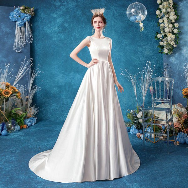 Modest Wedding Dress Satin A Line White Bridal Gown 