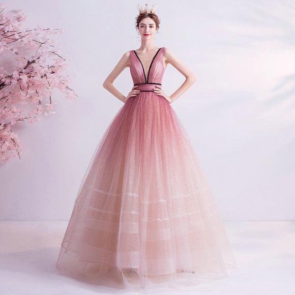 pink v neck prom ball gown 1114-2