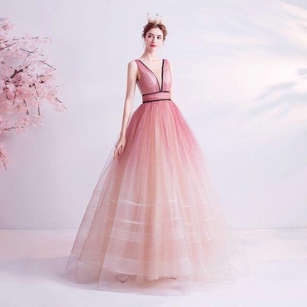 pink v neck prom ball gown 1114-6