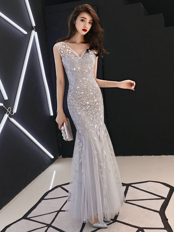 Grey Mermaid Prom Dress V Neck Sexy Evening Dress For Sale 9360