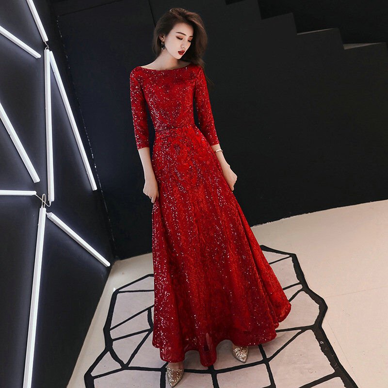 Red Prom Dress With Sleeves A Line Long Sparkle Evening Dress