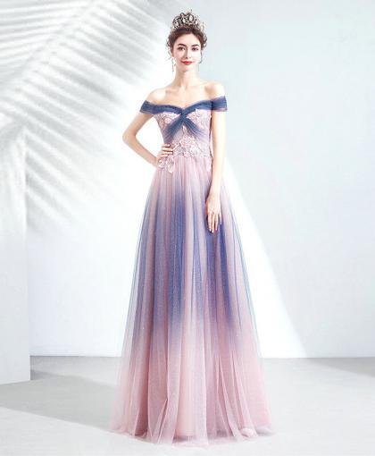 Blue And Pink Prom Dress Off The Shoulder A Line Bling Evening Dress