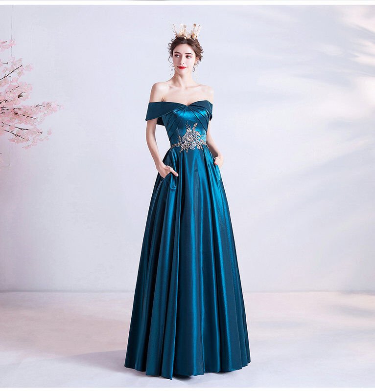 Dark Blue Prom Dresses Off The Shoulder A Lone Long With Pocket