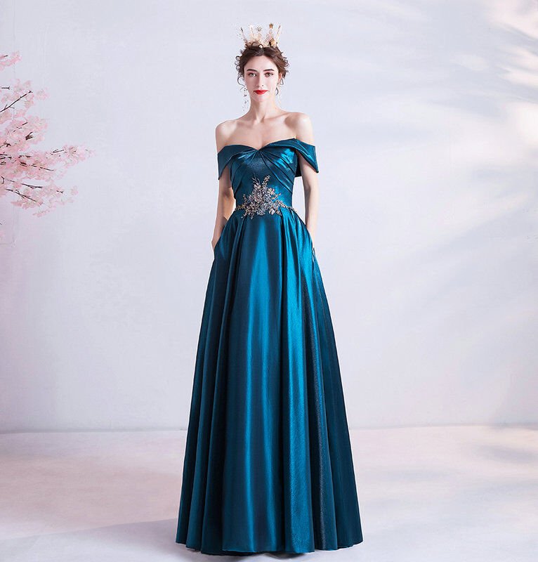 Dark Blue Prom Dresses Off The Shoulder A Lone Long With Pocket