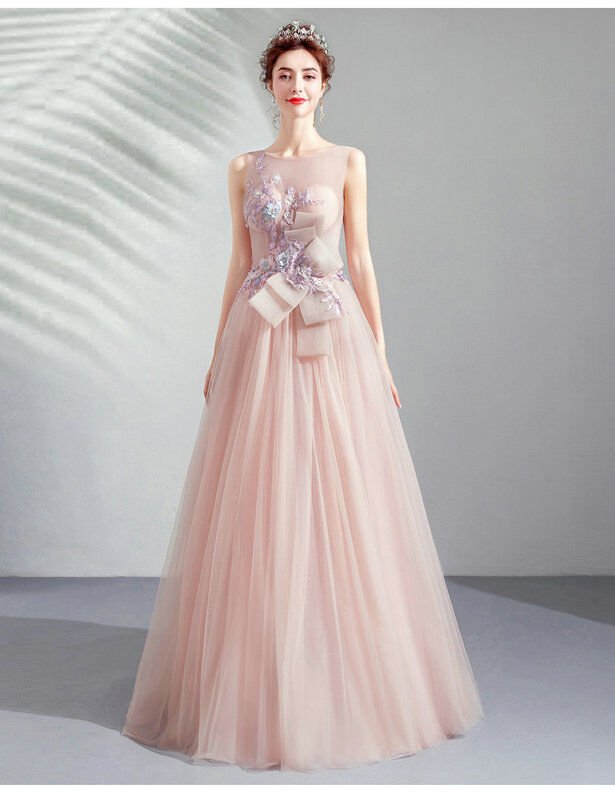Pink Princess Prom Dress Lace Flowers A Line Formal Dress Sale