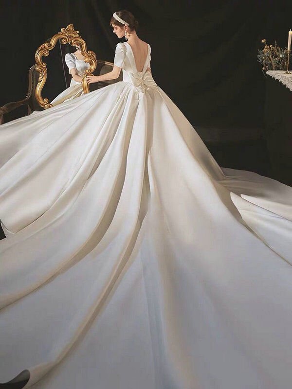 Satin Ball Gown Wedding Dress Huate Couture With Train