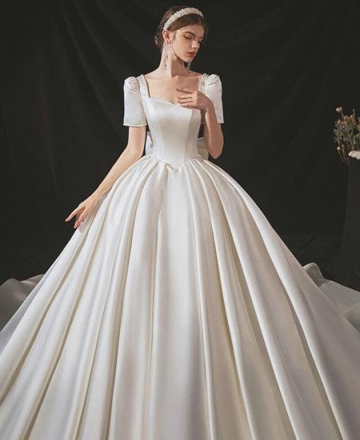 Satin Ball Gown Wedding Dress Huate Couture With Train