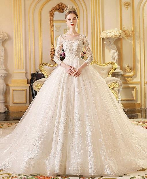 Ball Gown Long Sleeve Wedding Dress Hand Made Bridal Gown For Sale