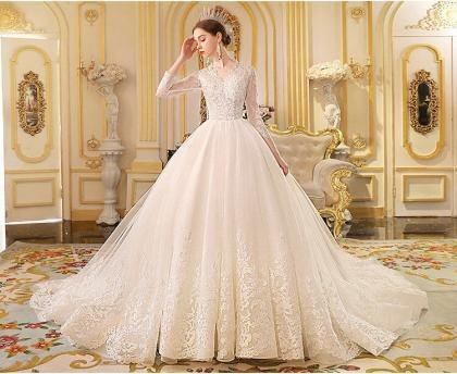 Long Sleeve Lace Wedding Dress Ball Gown With Train