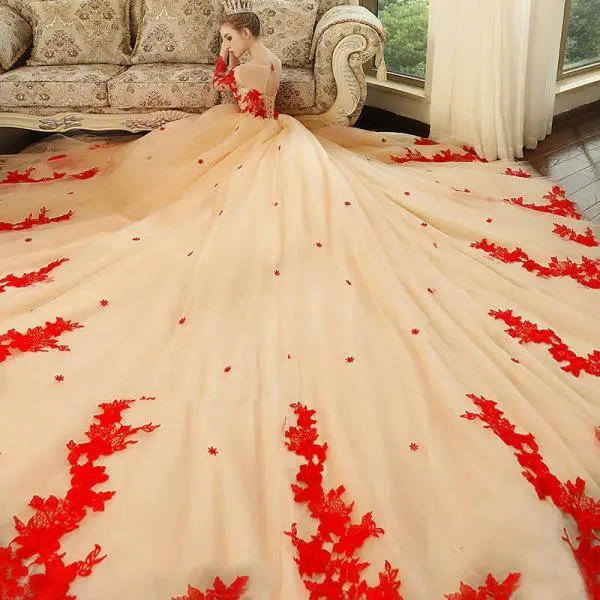 Red And Champagne Wedding Dress Lace Applique Prom Dress - Image 4