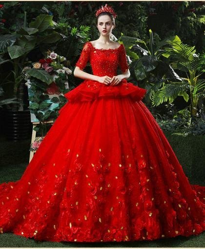 Red Wedding Dress Plus Size Princess Short Sleeve Ball Gown