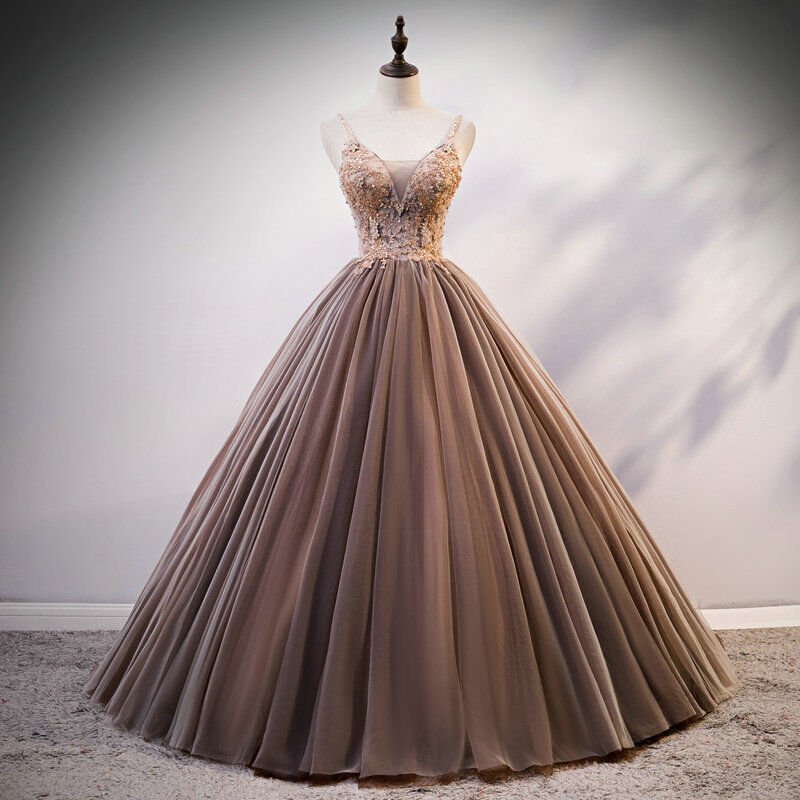 Light Brown Quinceanera Dress Detachable Sleeve Ball Gown Prom Dress