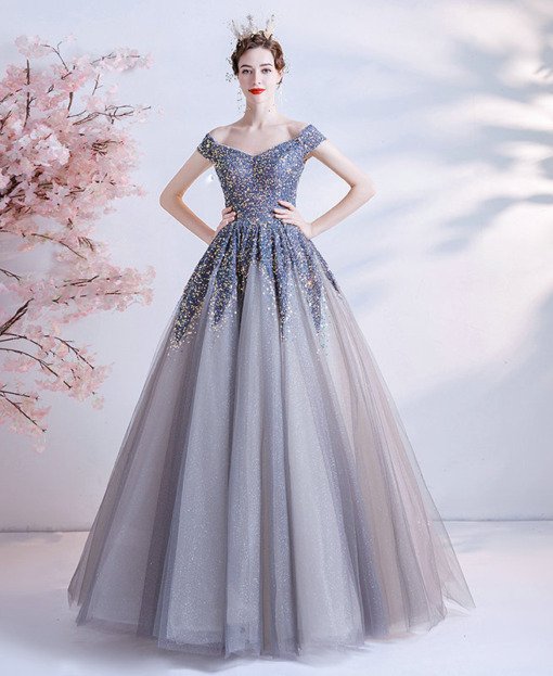 Grey And Blue Prom Dress Off The Shoulder Sparkly Quinceaneara Dress