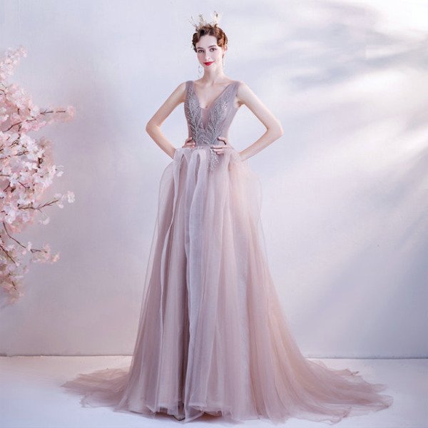 grey pink prom dress 1237-005