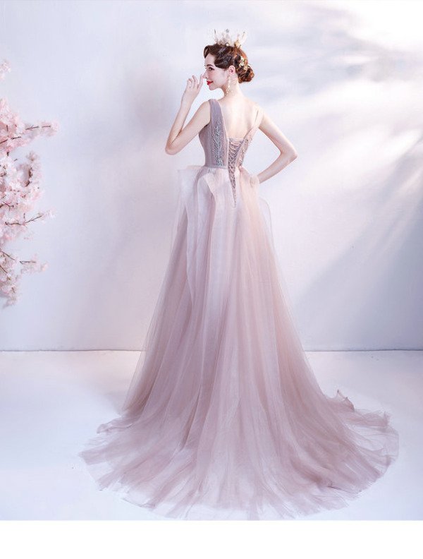 grey pink prom dress 1237-006