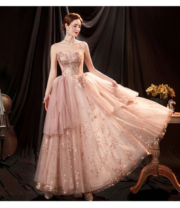 Blush Pink Prom Dress Strapless Ball Gown Sparkly Lace Formal Dress 9352