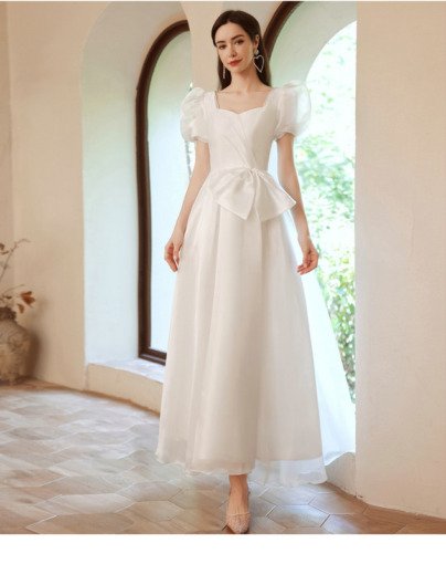 White Long Prom Dress A Line Puffy Short Sleeve Formal Dress