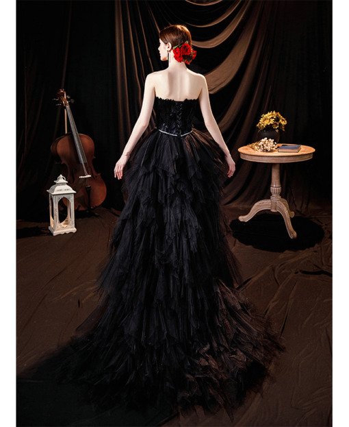 Black High Low Dress Strapless Sweetheart A Line Prom Dress With Train