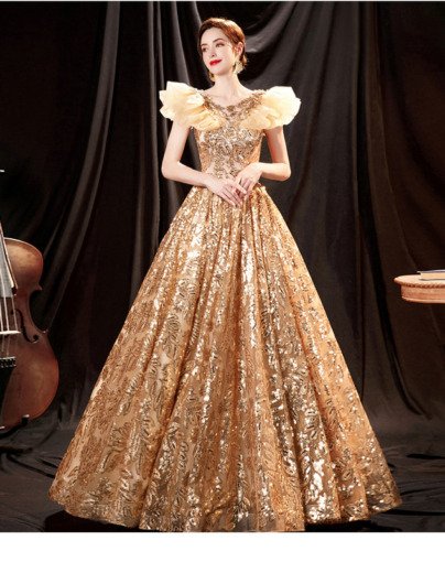 Gold Quinceanera Dress Sequin Bling Lace Ball Gown Prom Dress