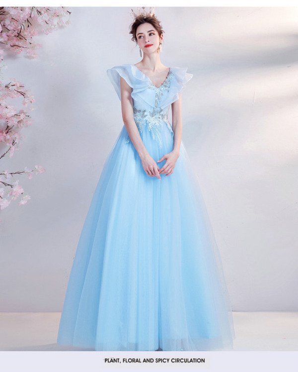 Light Blue Princess Prom Dress V Neck A Line Long Birthday Dress