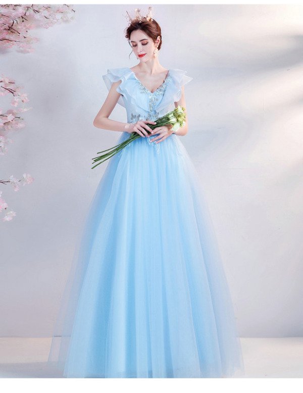 Light Blue Princess Prom Dress V Neck A Line Long Birthday Dress