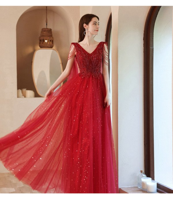 red prom dress with cape 1249-001