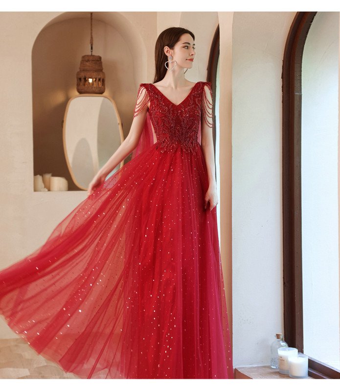 Red Prom Dress With Cape A Line Long Evening Dress Wholesale