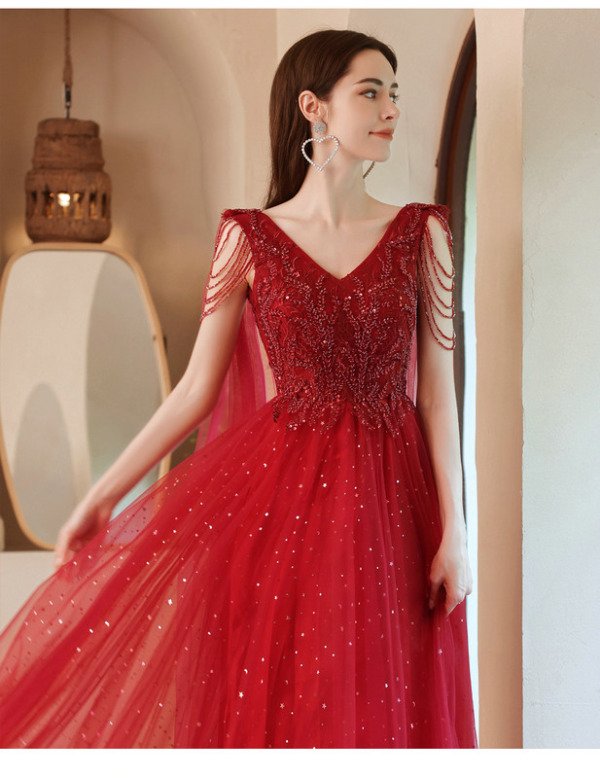 red prom dress with cape 1249-004