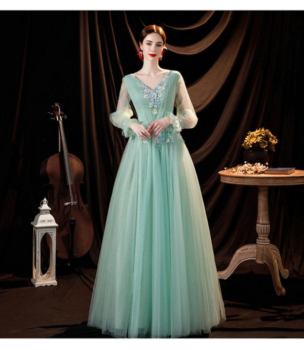 long sleeve green prom dress 1299-005