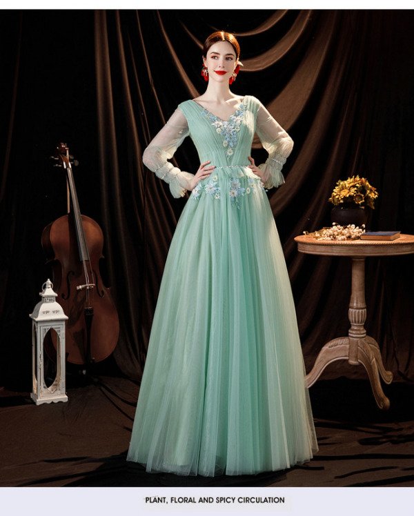 long sleeve green prom dress 1299-006