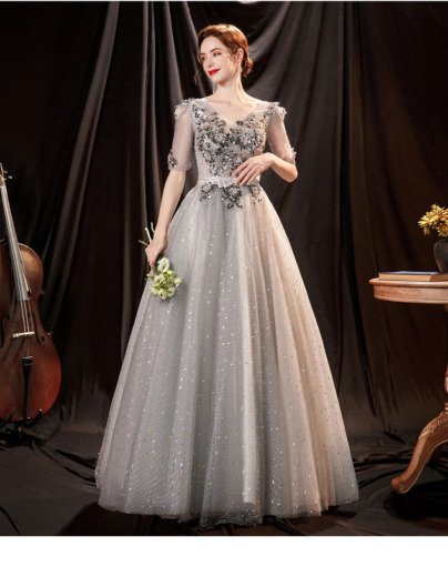 Silver Prom Dress V Neck Half Sleeve Ball Gown Embroidery Quinceanera