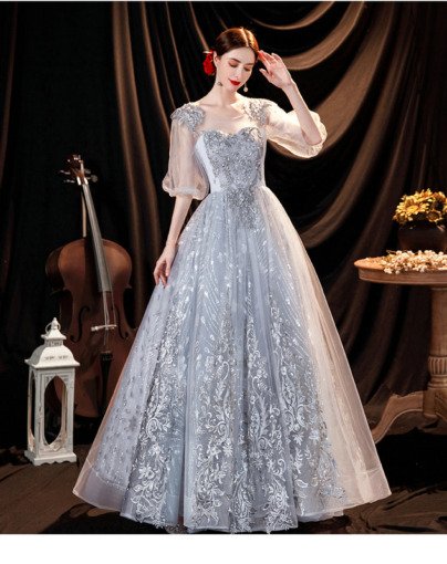 Silver Quinceanera Dresses Long Sleeve Lace Ball Gown Prom Dress