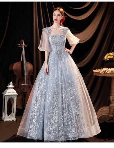 Silver Quinceanera Dresses Long Sleeve Lace Ball Gown Prom Dress