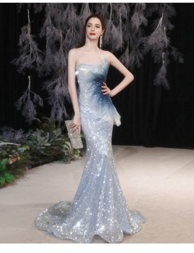 Light Blue Mermaid Dress Strapless Bling Sexy Formal Prom Dress