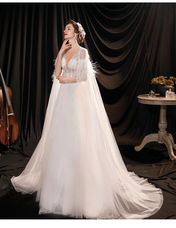 wedding dress with cape train 1314-005