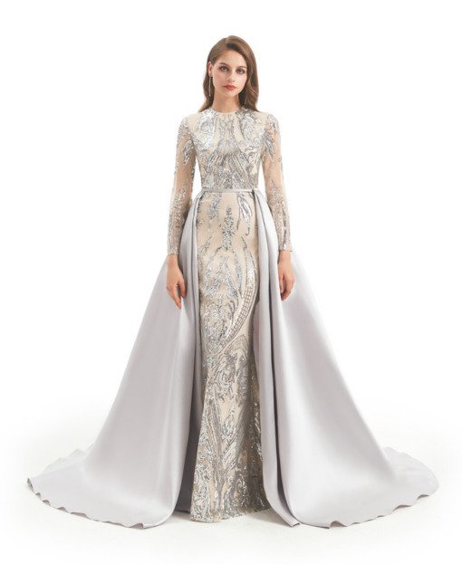 Mermaid Dress With Detachable Train Long Sleeve Sequin Evening Gown