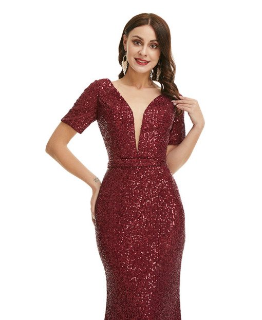 Burgundy Mermaid Prom Dress V Neck Sequins Bling Evening Dress