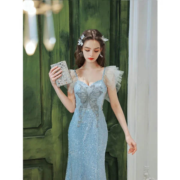 Shimmering Light Blue Sequin Mermaid Prom Dress with Spaghetti Strap a –  vigocouture