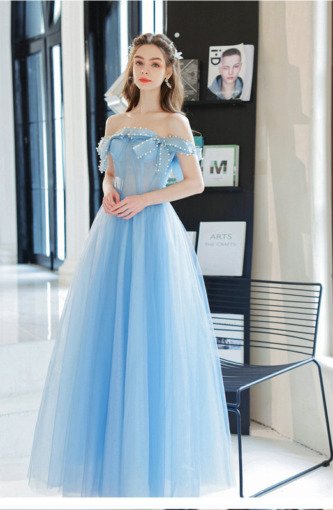 Sky Blue Prom Dress Off The Shoulder Bowknot A Line Formal Dress