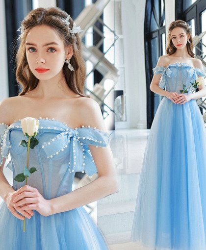 Sky Blue Prom Dress Off The Shoulder Bowknot A Line Formal Dress