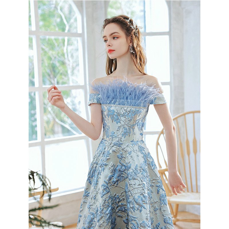 Unique Prom Dress Off The Shoulder A Line Blue Formal Dress
