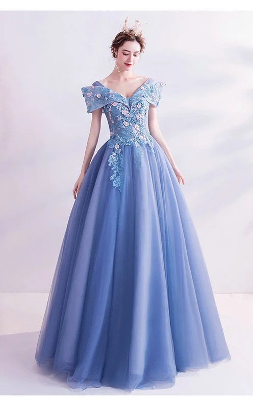 Off The Shoulder Blue Prom Dress With Pink Flowers