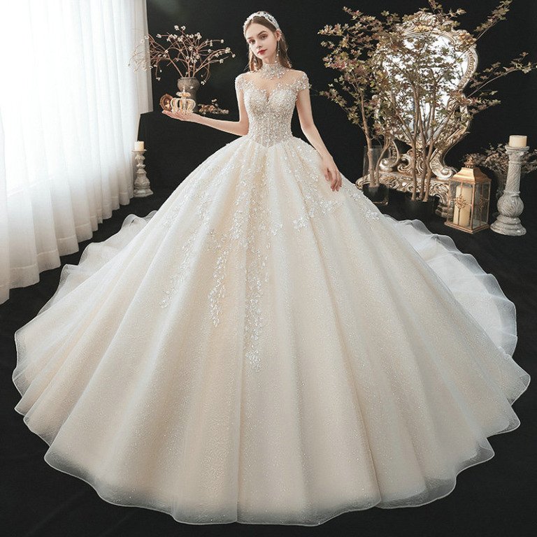 Champagne Wedding Dress High Neck Ball Gown Cap Sleeve