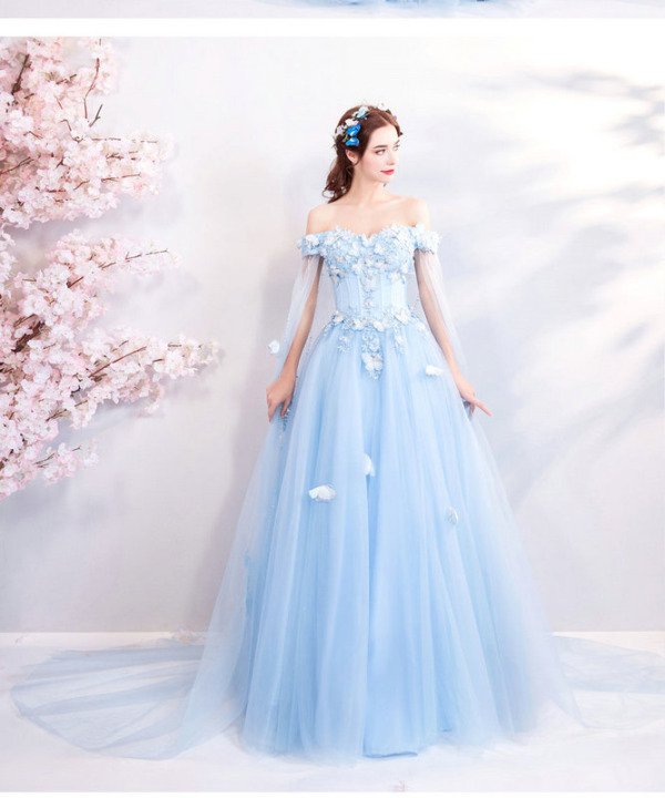 Light Blue Prom Dresses 2022 Flower Off The Shoulder With Cape