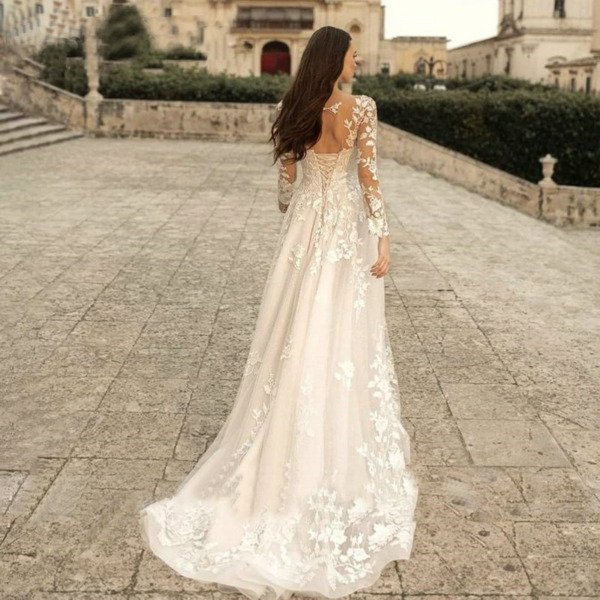 long sleeve a line wedding dress 1448-003