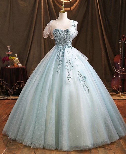 Green Blue Quinceanera Dress Lace Beaded Ball Gown