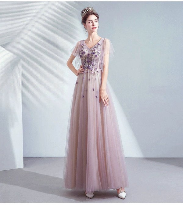 V neck light purple prom dress 150706