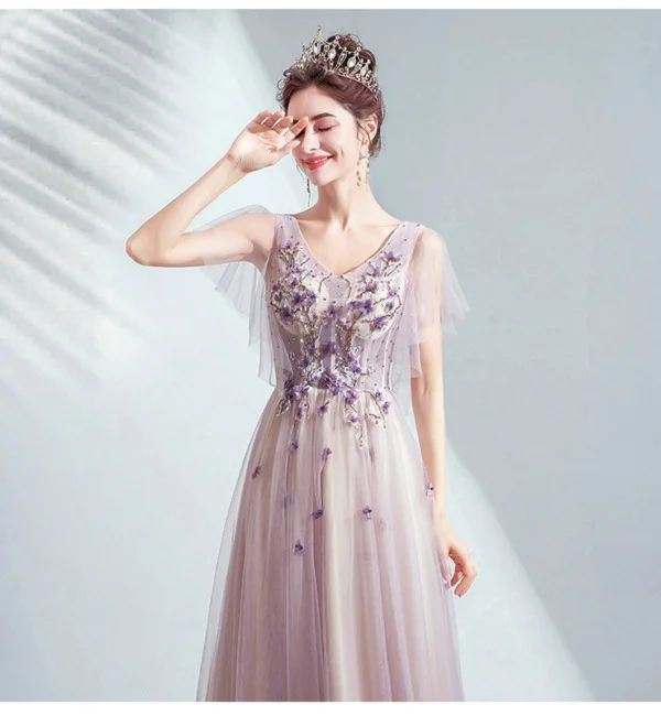 V neck light purple prom dress 150707