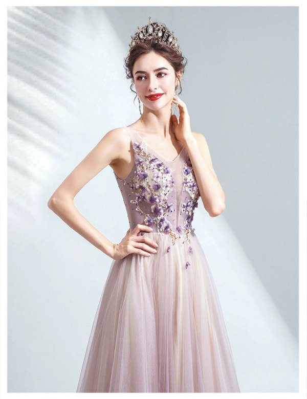 purple prom dress with flowers 1508-01
