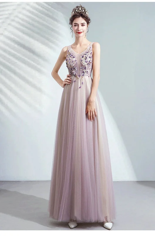 purple prom dress with flowers 1508-04